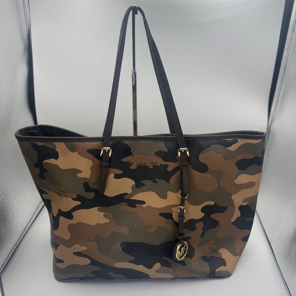 Michael Kors Jet Set Travel Camo Saffiano Leather Tote Bag Brown Green Gold